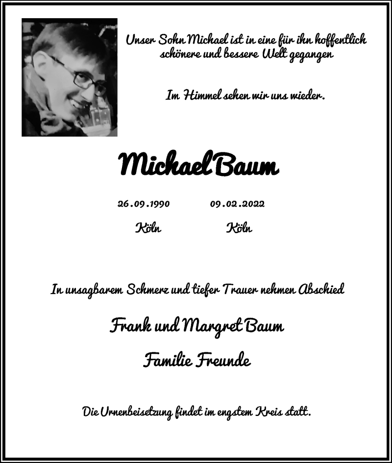  Traueranzeige für Michael Baum vom 26.02.2022 aus Kölner Stadt-Anzeiger / Kölnische Rundschau / Express