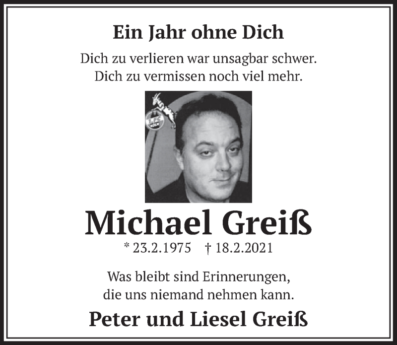  Traueranzeige für Michael Greiß vom 18.02.2022 aus  Werbepost 