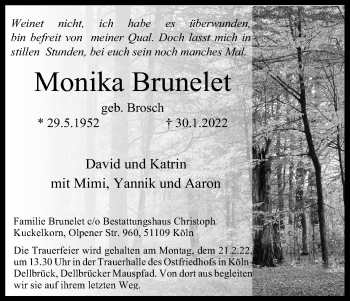 Anzeige von Monika Brunelet von Kölner Stadt-Anzeiger / Kölnische Rundschau / Express