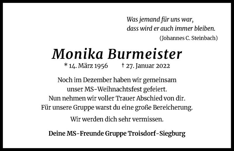  Traueranzeige für Monika Burmeister vom 05.02.2022 aus Kölner Stadt-Anzeiger / Kölnische Rundschau / Express