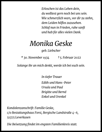 Anzeige von Monika Geske von Kölner Stadt-Anzeiger / Kölnische Rundschau / Express