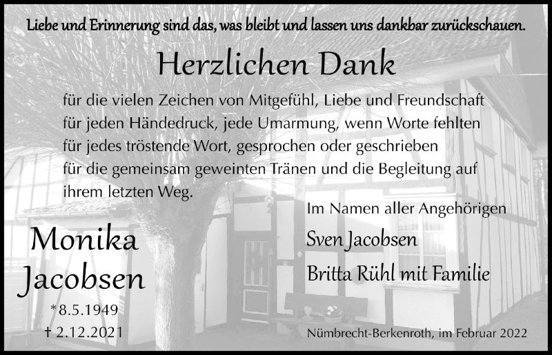  Traueranzeige für Monika Jacobsen vom 25.02.2022 aus  Lokalanzeiger 