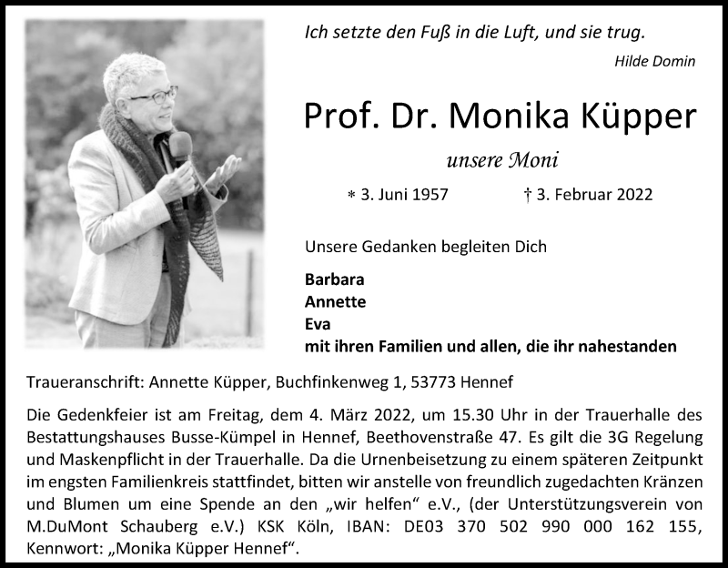  Traueranzeige für Monika Küpper vom 16.02.2022 aus Kölner Stadt-Anzeiger / Kölnische Rundschau / Express