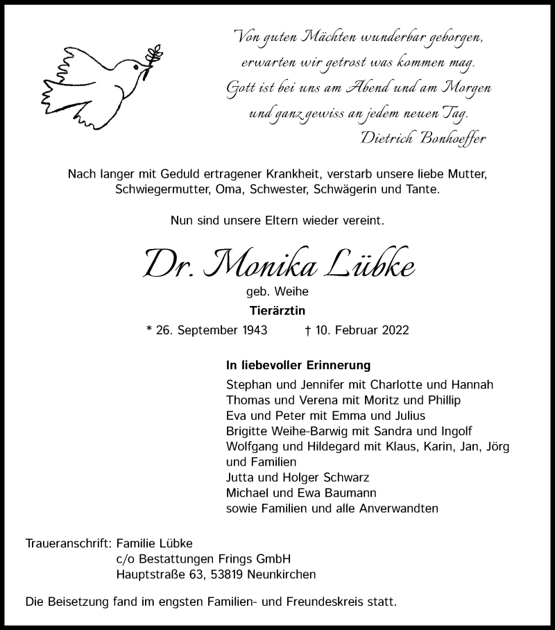  Traueranzeige für Monika Lübke vom 19.02.2022 aus Kölner Stadt-Anzeiger / Kölnische Rundschau / Express