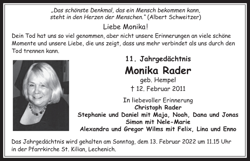  Traueranzeige für Monika Rader vom 11.02.2022 aus  Werbepost 