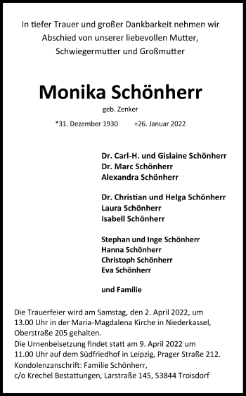 Anzeige von Monika Schönherr von Kölner Stadt-Anzeiger / Kölnische Rundschau / Express