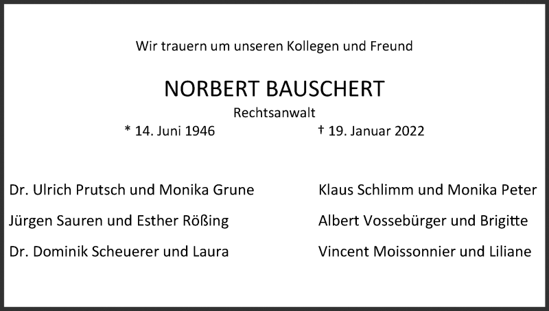  Traueranzeige für Norbert Bauscher vom 05.02.2022 aus Kölner Stadt-Anzeiger / Kölnische Rundschau / Express