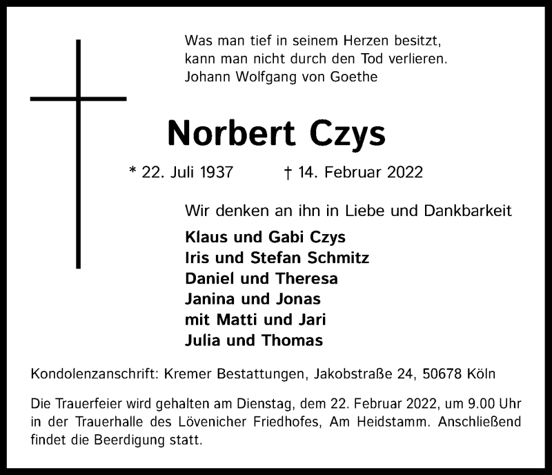  Traueranzeige für Norbert Czys vom 19.02.2022 aus Kölner Stadt-Anzeiger / Kölnische Rundschau / Express