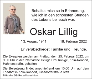 Anzeige von Oskar Lillig von Kölner Stadt-Anzeiger / Kölnische Rundschau / Express