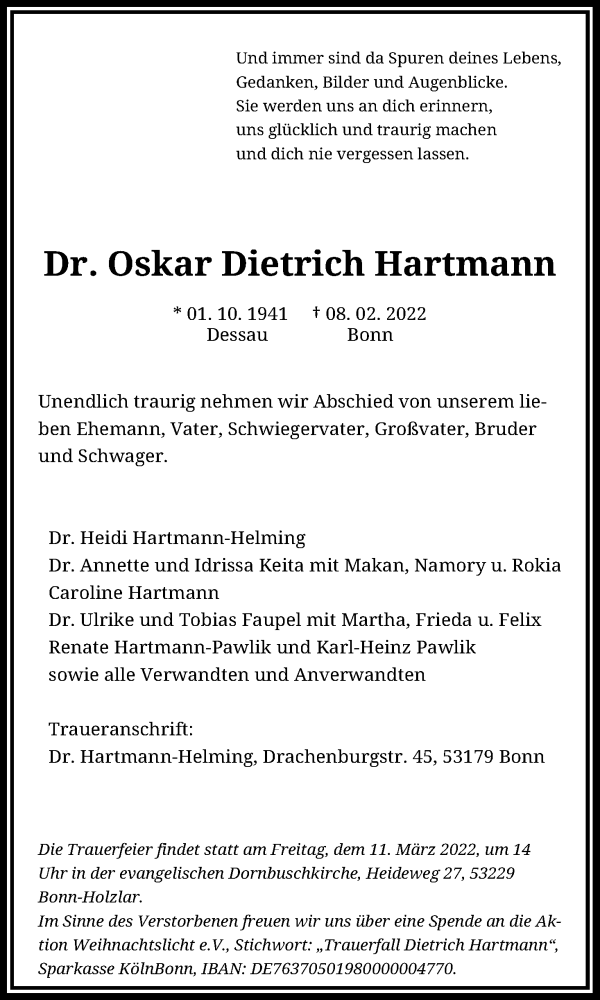  Traueranzeige für Oskar Dietrich Hartmann vom 19.02.2022 aus Kölner Stadt-Anzeiger / Kölnische Rundschau / Express