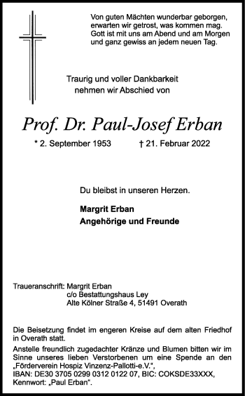 Anzeige von Paul-Josef Erban von Kölner Stadt-Anzeiger / Kölnische Rundschau / Express