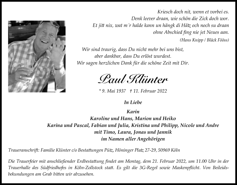  Traueranzeige für Paul Klünter vom 19.02.2022 aus Kölner Stadt-Anzeiger / Kölnische Rundschau / Express