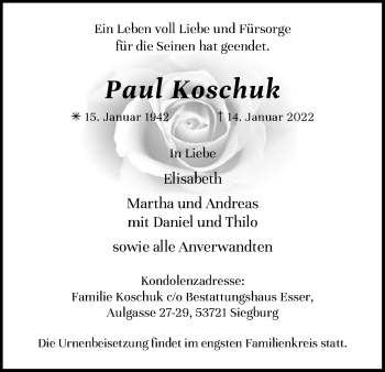 Anzeige von Paul Koschuk von Kölner Stadt-Anzeiger / Kölnische Rundschau / Express