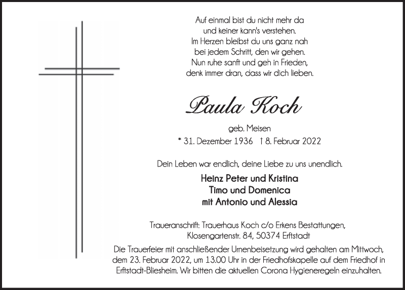  Traueranzeige für Paula Koch vom 18.02.2022 aus  Werbepost 