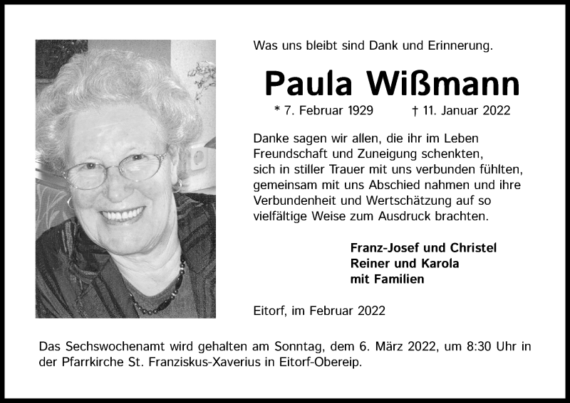  Traueranzeige für Paula Wißmann vom 12.02.2022 aus Kölner Stadt-Anzeiger / Kölnische Rundschau / Express
