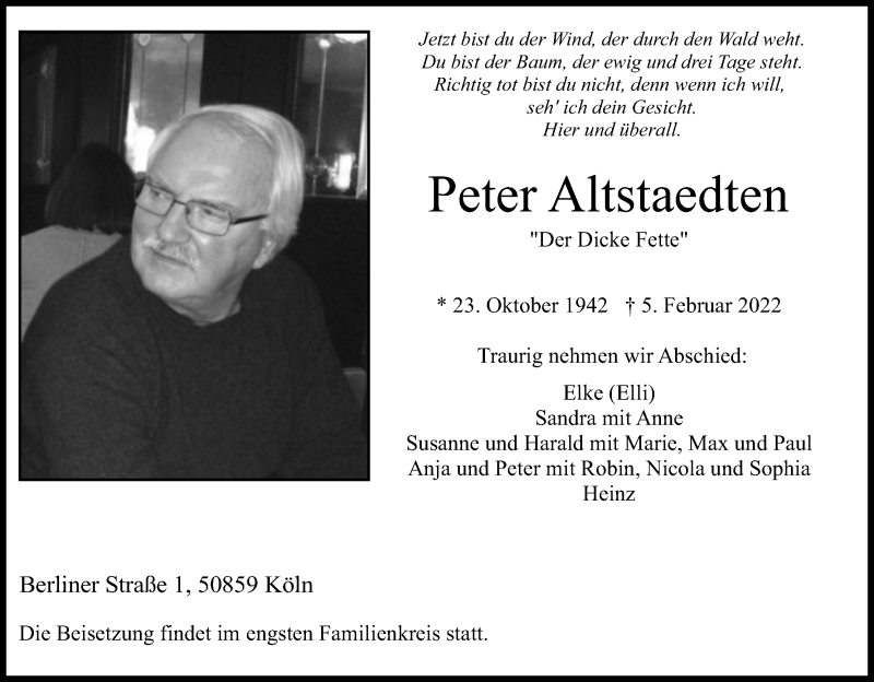  Traueranzeige für Peter Altstaedten vom 12.02.2022 aus Kölner Stadt-Anzeiger / Kölnische Rundschau / Express