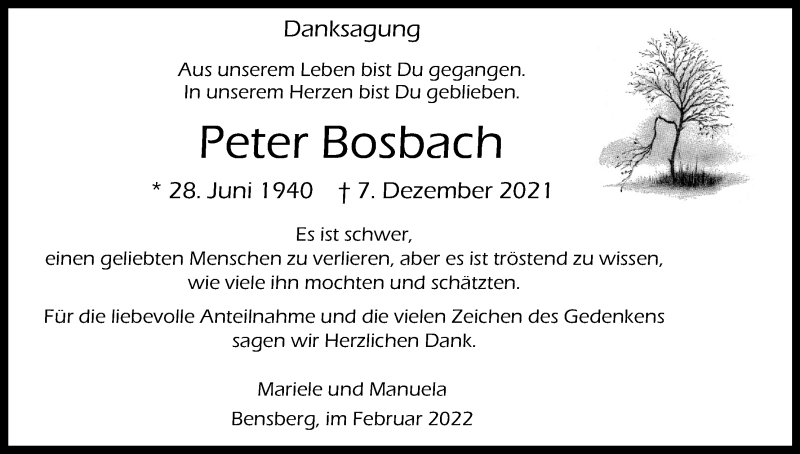  Traueranzeige für Peter Bosbach vom 19.02.2022 aus Kölner Stadt-Anzeiger / Kölnische Rundschau / Express