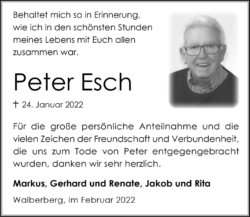  Traueranzeige für Peter Esch vom 25.02.2022 aus  Schlossbote/Werbekurier 