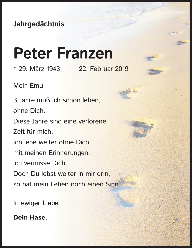  Traueranzeige für Peter Franzen vom 22.02.2022 aus Kölner Stadt-Anzeiger / Kölnische Rundschau / Express