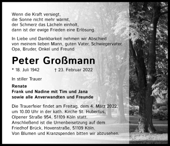 Anzeige von Peter Großmann von Kölner Stadt-Anzeiger / Kölnische Rundschau / Express