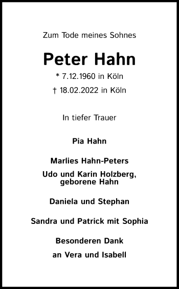Anzeige von Peter Hahn von Kölner Stadt-Anzeiger / Kölnische Rundschau / Express