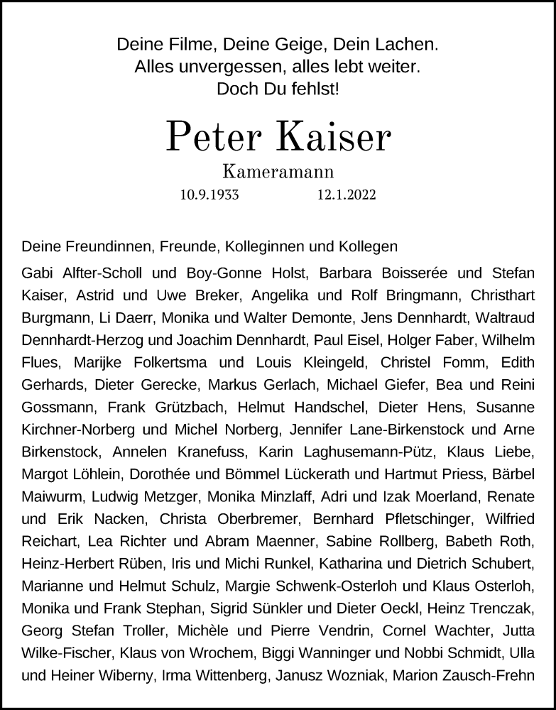  Traueranzeige für Peter Kaiser vom 19.02.2022 aus Kölner Stadt-Anzeiger / Kölnische Rundschau / Express