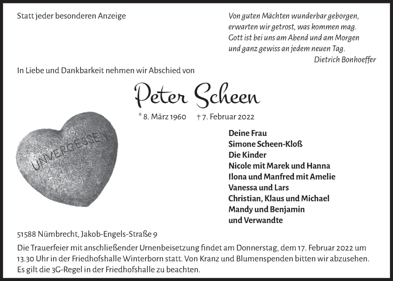  Traueranzeige für Peter Scheen vom 11.02.2022 aus  Anzeigen Echo  Lokalanzeiger 