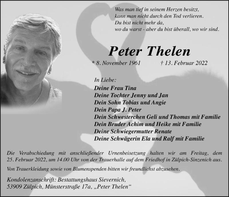  Traueranzeige für Peter Thelen vom 19.02.2022 aus  Blickpunkt Euskirchen 