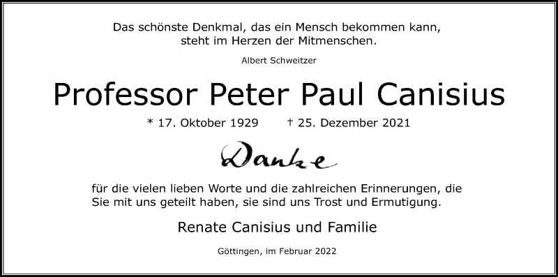  Traueranzeige für Peter Paul Canisius vom 12.02.2022 aus Kölner Stadt-Anzeiger / Kölnische Rundschau / Express