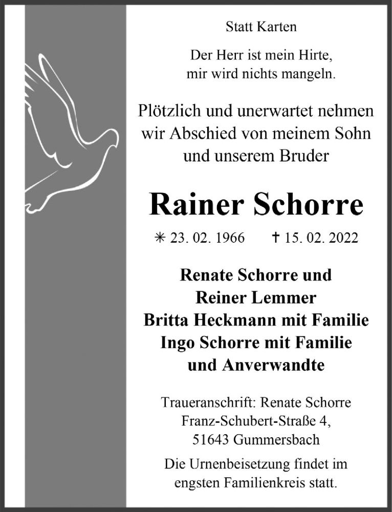  Traueranzeige für Rainer Schorre vom 25.02.2022 aus  Anzeigen Echo 