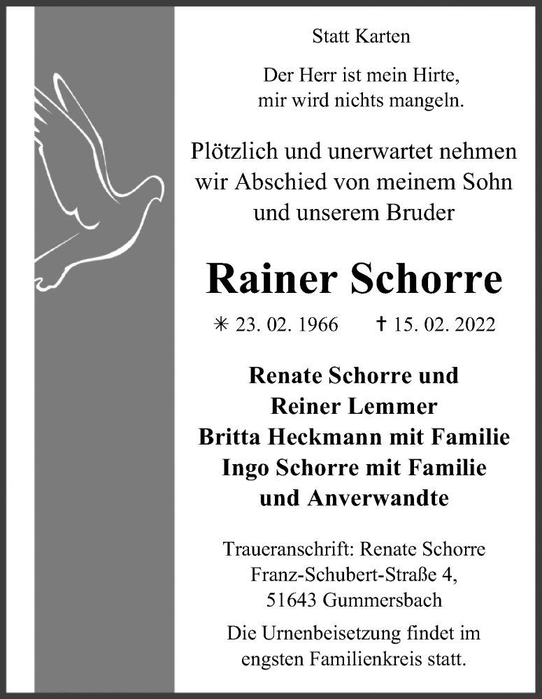  Traueranzeige für Rainer Schorre vom 26.02.2022 aus Kölner Stadt-Anzeiger / Kölnische Rundschau / Express
