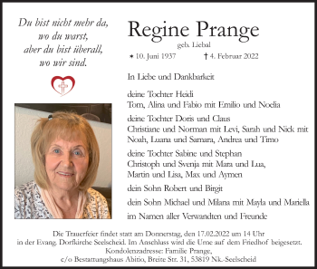 Anzeige von Regine Prange von Kölner Stadt-Anzeiger / Kölnische Rundschau / Express