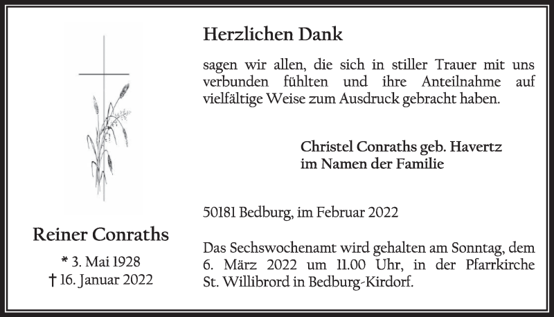  Traueranzeige für Reiner Conraths vom 18.02.2022 aus  Werbepost 