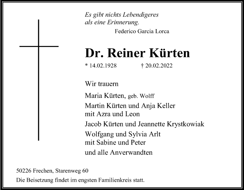  Traueranzeige für Reiner Kürten vom 26.02.2022 aus Kölner Stadt-Anzeiger / Kölnische Rundschau / Express