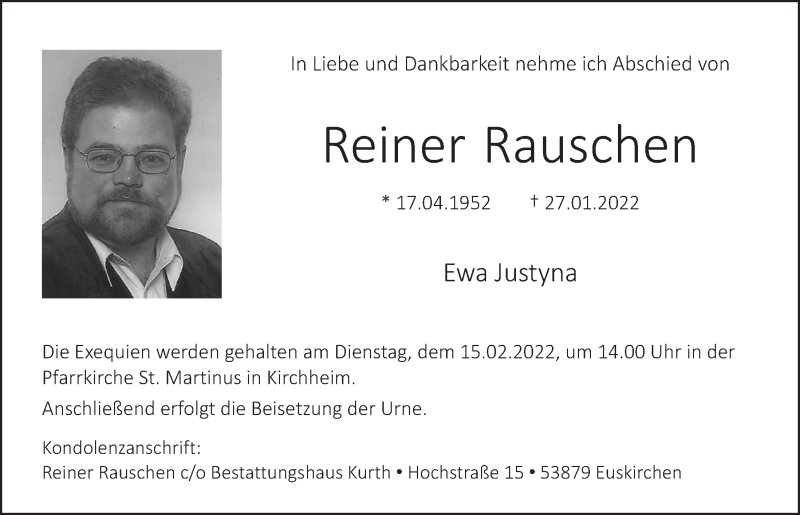  Traueranzeige für Reiner Rauschen vom 05.02.2022 aus  Blickpunkt Euskirchen 