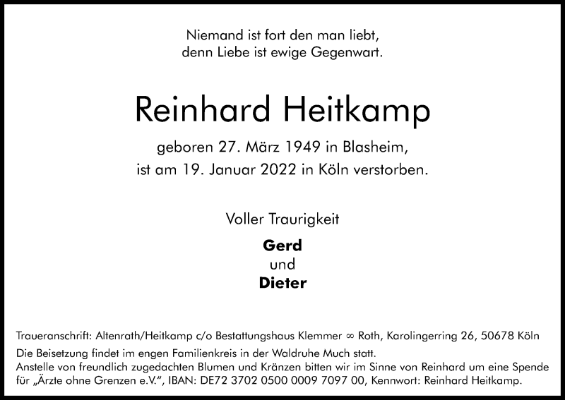  Traueranzeige für Reinhard Heitkamp vom 19.02.2022 aus Kölner Stadt-Anzeiger / Kölnische Rundschau / Express