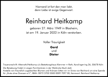 Anzeige von Reinhard Heitkamp von Kölner Stadt-Anzeiger / Kölnische Rundschau / Express