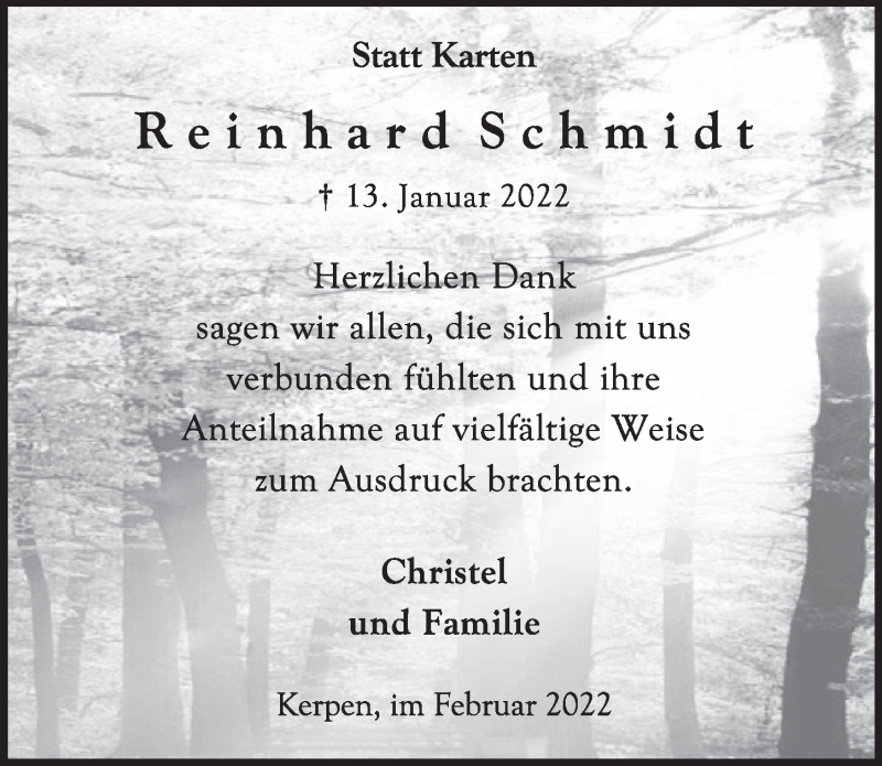  Traueranzeige für Reinhard Schmidt vom 11.02.2022 aus  Werbepost 