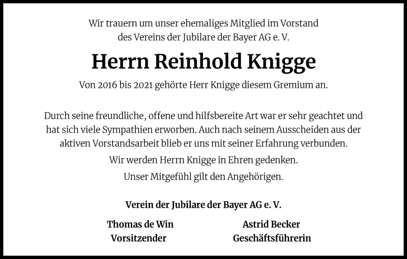  Traueranzeige für Reinhold Knigge vom 19.02.2022 aus Kölner Stadt-Anzeiger / Kölnische Rundschau / Express