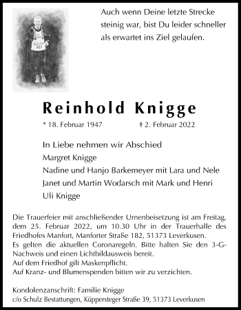 Anzeige von Reinhold Knigge von Kölner Stadt-Anzeiger / Kölnische Rundschau / Express
