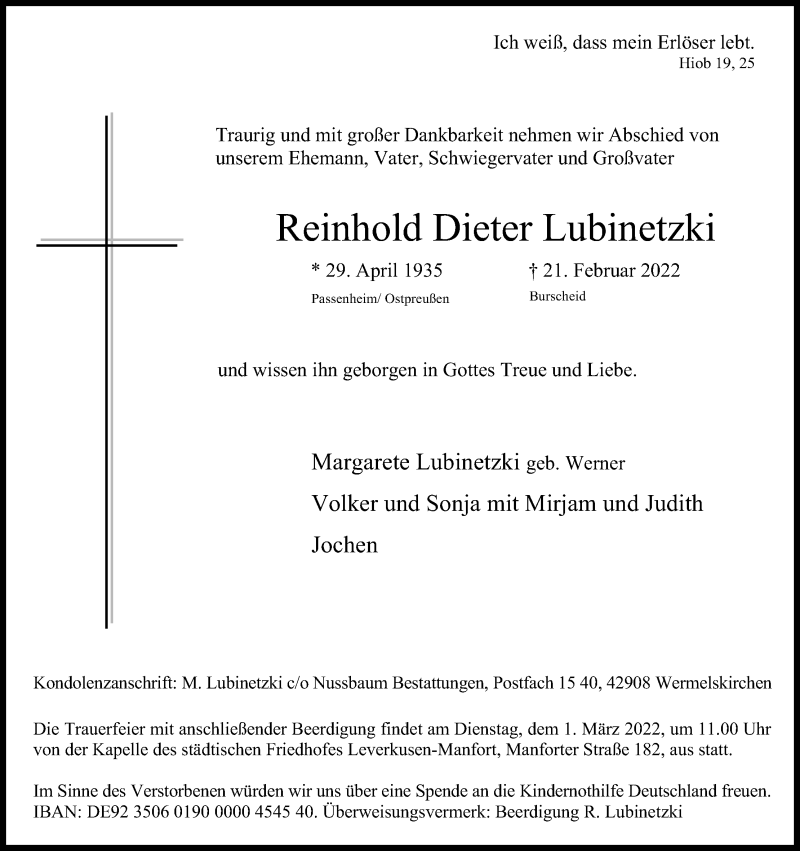  Traueranzeige für Reinhold Dieter Lubinetzki vom 26.02.2022 aus Kölner Stadt-Anzeiger / Kölnische Rundschau / Express