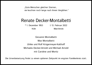 Anzeige von Renate Decker-Montalbetti von Kölner Stadt-Anzeiger / Kölnische Rundschau / Express