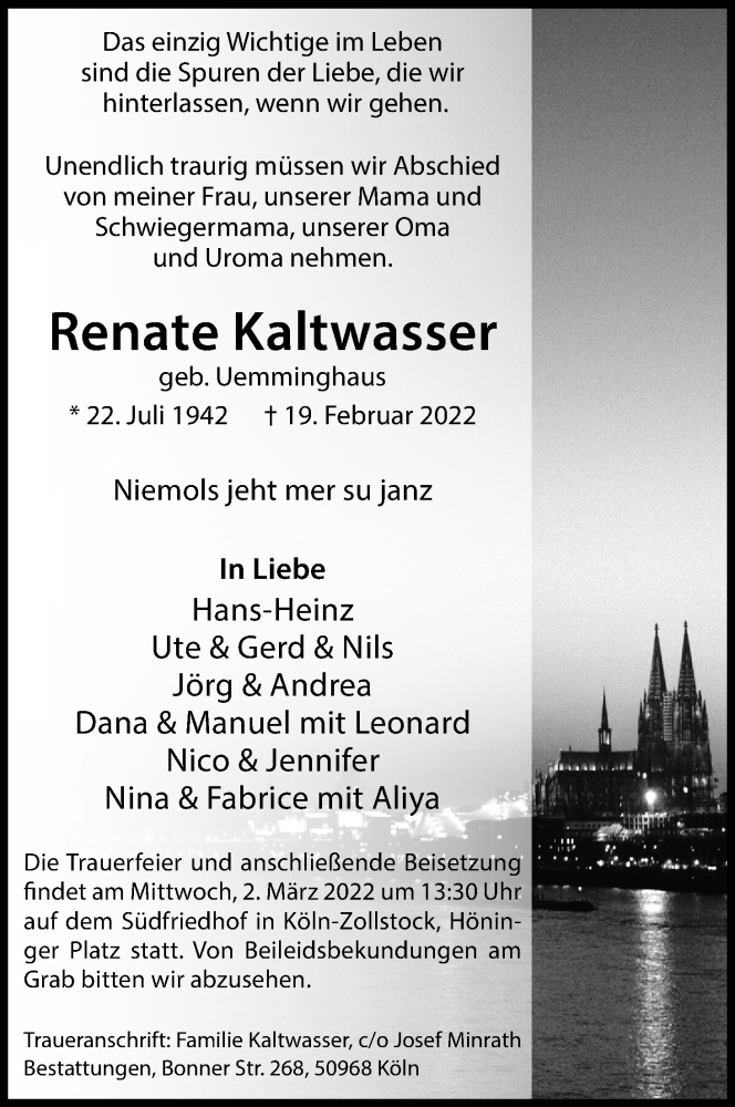  Traueranzeige für Renate Kaltwasser vom 26.02.2022 aus Kölner Stadt-Anzeiger / Kölnische Rundschau / Express