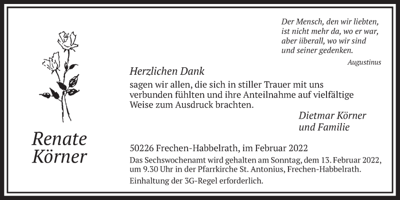  Traueranzeige für Renate Körner vom 04.02.2022 aus  Wochenende 