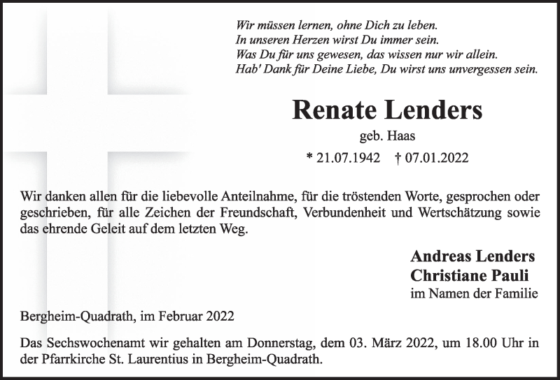  Traueranzeige für Renate Lenders vom 25.02.2022 aus  Werbepost 