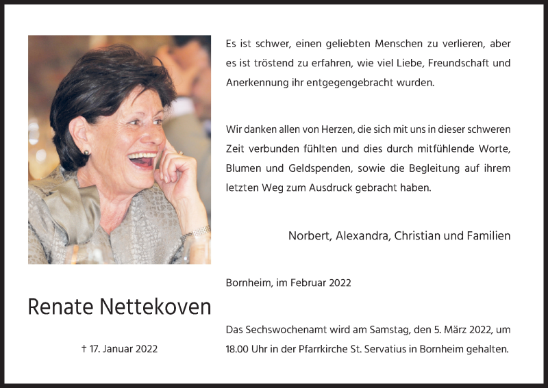  Traueranzeige für Renate Nettekoven vom 26.02.2022 aus Kölner Stadt-Anzeiger / Kölnische Rundschau / Express