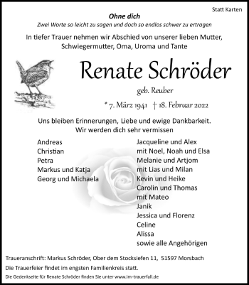Anzeige von Renate Schröder von  Lokalanzeiger 