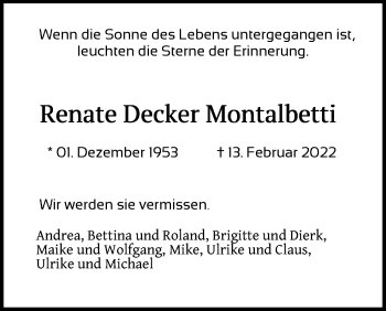 Anzeige von Renate Decker Montalbetti von Kölner Stadt-Anzeiger / Kölnische Rundschau / Express