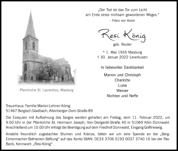Anzeige von Resi König von Kölner Stadt-Anzeiger / Kölnische Rundschau / Express