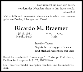 Anzeige von Ricardo M. Braemer von Kölner Stadt-Anzeiger / Kölnische Rundschau / Express